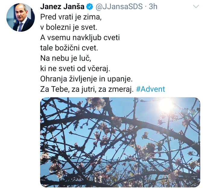 Janša za prvo adventno nedeljo objavil voščilo v obliki pesmi – Janšev pesniški navdih pa ni naletel na najboljše kritike pri njegovih nasprotnikih na družbenih omrežjih