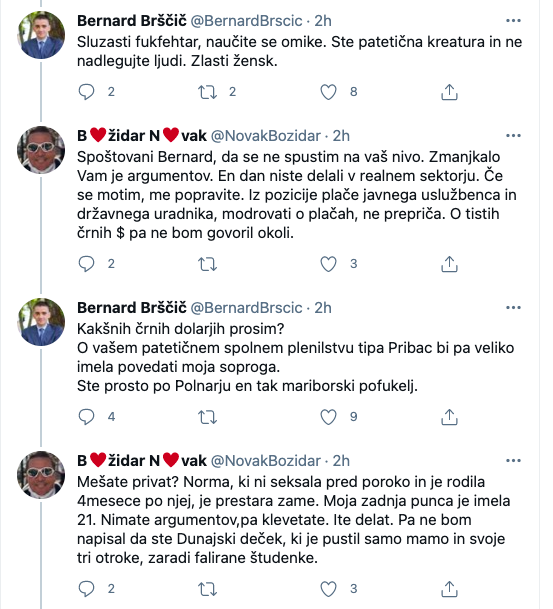 Oddaja (VV) Faktor razdrla še eno prijateljstvo – Bernard Brščič je na Twitterju Božidarju Novaku očital, da je “mariborski fukfehtar in pofukelj”, Novak pa Brščiču, da je “Dunajski deček z državno plačo in črnimi dolarji”, ki je pustil “samo mamo in tri otroke zaradi falirane študentke”  